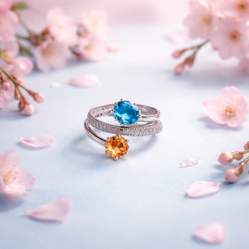 White Gold Size 7.5 Blue and Orange Stone 18k 6.43 grams
